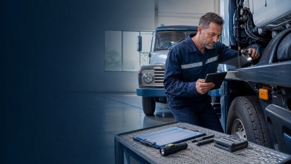 Commercial vehicle assessor examining truck engine and tyre condition in a workshop