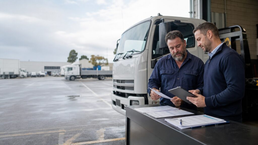 Truck owner and professional buyer reviewing sale paperwork beside a commercial truck in Victoria